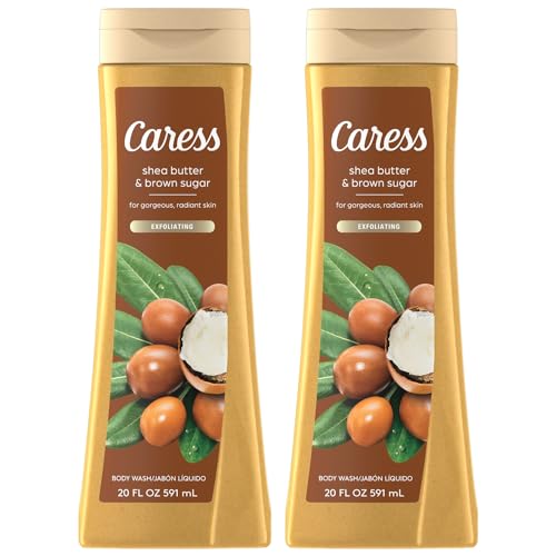 Caress Body Wash, Shea Butter & Brown Sugar, Moisturizing Body Wash for Gorgeous, Radiant Skin, Exfoliating Body Soap Liquid, 20 Fl Oz (Pack of 2)