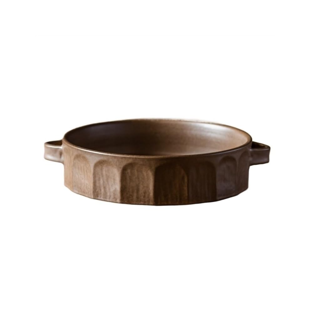 Plat de cuisson marron faïence brute assiette ronde vintage bistrot