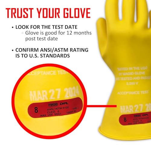 Image of MAGID Rubber Insulating Electrical Safety Gloves, Class 0 ASTM Compliant, Size 11, 11 inch Cuff, Lineman Electrician Voltage Protection, M011Y11