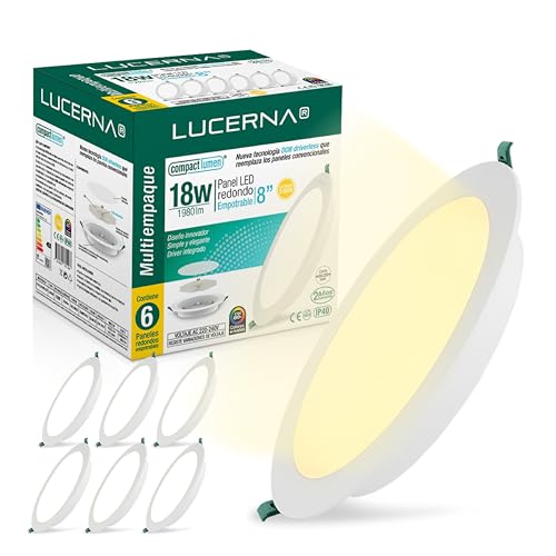 LUCERNA Downlight led techo empotrable 18W - Focos LED interior techo Redondo Luz Cálido 3000 K - 1980 LM- Plafon LED techo agujeros Ф190-2000mm - Panel LED en PACK de 6