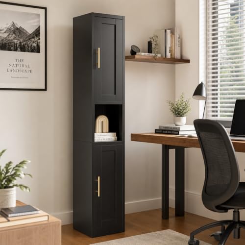 Image of Tall Narrow Pantry Cabinet for Kitchen, 67 inch H Metal Storage Cabinets with Doors and 3 Adjustable Shelves for Dining Room, Living Room and Home Office (12 inches Wide Black)