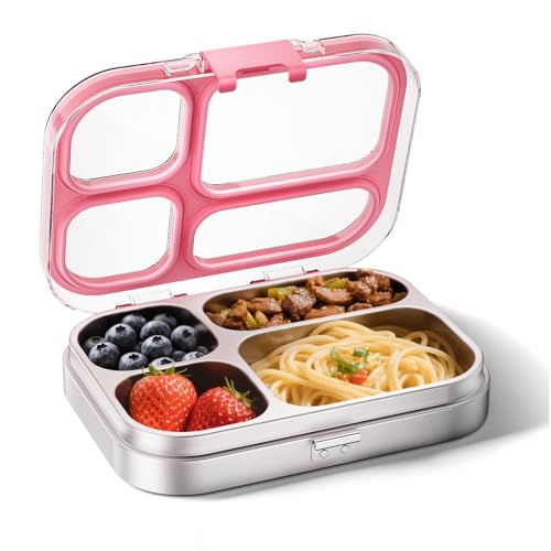 G.a HOMEFAVOR 800 ML Scatole Bento Box con 4 Scomparto Contenitore per Pranzo in Acciaio Inox 304 Lunch Box Ermetici in Metallo per Alimenti, Lavabile in Lavastoviglie, Senza BPA, Rosa