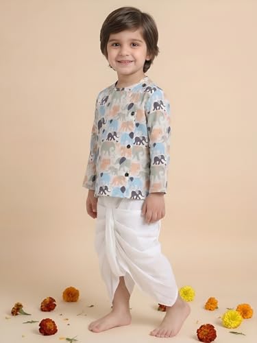 Image of POLKA TOTS 100% Cotton Elegant Traditional Dhoti Kurta Set for Baby Boys | Ultra-soft Cotton Ethnic Dress for Festivals and Weddings | Traditional Angrakha Dress for Kids Boys