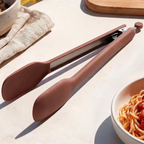 Image of Ember Cookware Silicone Kitchen Tongs | 230C Heat Resistant | Versatile- for Kitchen and Serving| Stainless Steel Core with Food Safe Silicone Grip | Locking Mechanism for Compact Storage |Terracotta