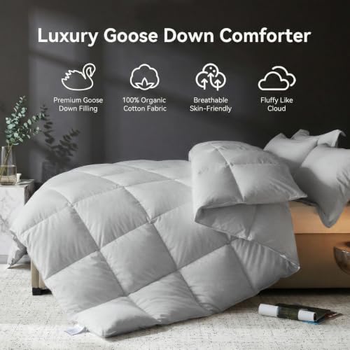 Image of L LOVSOUL Goose Feather Down Fiber Comforter Queen Size, 100% Organic Cotton Fabric Duvet Insert,1200TC,750+Fill Power, Hotel Collection, Light Weight Light Grey with 8 Tabs,90X90IN