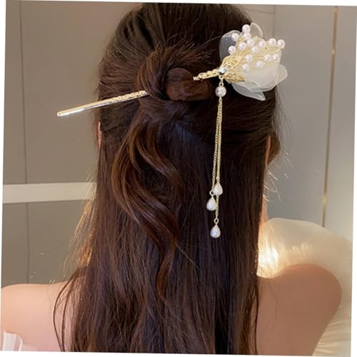 Image of 1pcs of Chinese Hair Sticks for Buns, Pearl Flower Vintage Metal Hair Chopsticks for Women and Girls Dangle Tassel Pendant Hair Accessories Hanfu Handmade Decor Hairpin (vintage)