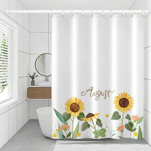 Tolldek Cortina de ducha amarillo verde 180 x 200 cm para cuarto de baño, diseño de flores de agosto cortina de baño de poliéster lavable tela 1,8 x 2 m de largo (ancho x alto) con anillos de cortina