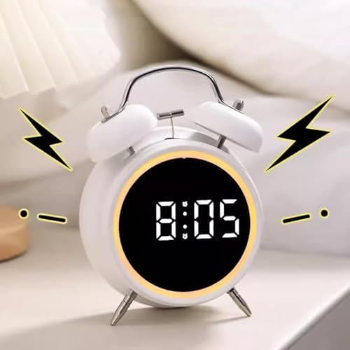 Image of Alarm Clock, Digital Alarm Clock with Large LED Display, Silent Round, Small, Analogue, Modern, Digital Clock with Date and Temperature Display, USB Network Connection (White)