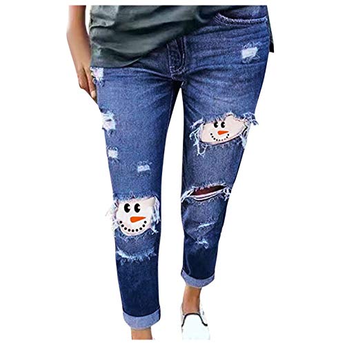Jean côtelé imprimé bonhomme de neige pantalon bleu femmes grande taille S