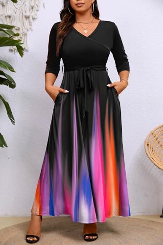 Image of Runwind Plus Size Dress for Women - 3 /4 Sleeve V Neck Maxi Dresses for Women (XL-6XL)