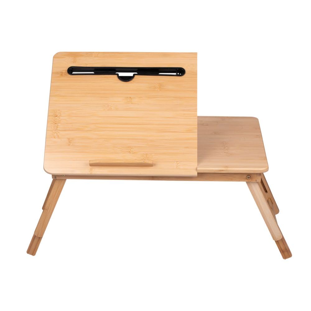 Tavolino per Laptop Regolabile - Tavolo da Letto per Laptop - Supporto per Laptop da Letto - 21,5 x 27,5 cm - Tavolo da Letto Pieghevole - con Portabevande e Slot per Tablet – Legno di Bambù, Marrone