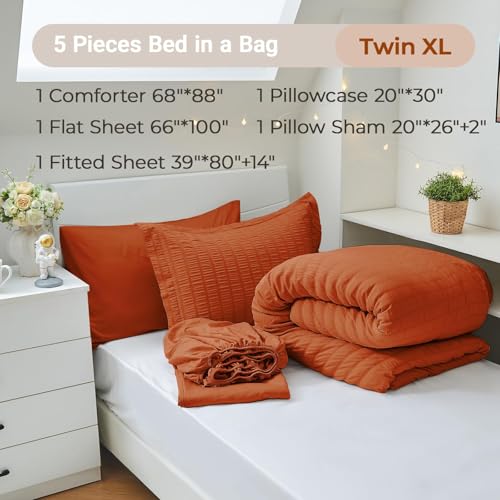 Image of MUXHOMO 5 Pieces Twin XL Comforter Set, Seersucker Bed in a Bag Twin XL Size, All Season Luxury Bedding Set with Comforter, Flat Sheet, Fitted Sheet, Pillowcase & Sham, Burnt Orange
