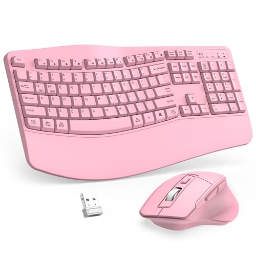 Wireless Keyboard and Mouse Combo 2.4G Full Size Wave Keys Ergonomic Keyboard with Wrist Rest and 3-Level DPI Adjustable Wireless Ergonomic Mouse for Windows Mac OS Desktop/Laptop/PC(Pink)