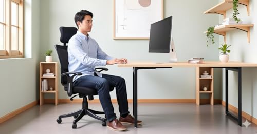 Image of Ergonomic Office Chair, Black, High Back Executive Mesh, Adjustable Height with Headrest, Rolling Wheels, for Home Office