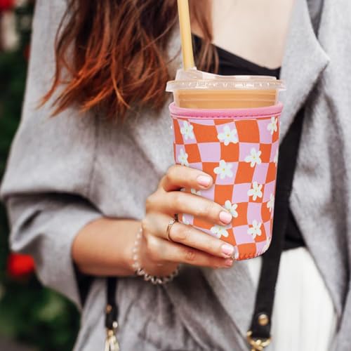 Image of Reusable Insulated Neoprene Iced Coffee Cup Sleeve, Durable Drink Sleeve for Cold Beverages, Beverage Holder for Iced Coffee (Daisy Grid)