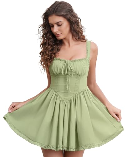 Image of Womens Summer Floral Mini Dress Square Neck Tie Front Lace Spliced Ruched Backless Casual Party Graduation Short Dresses