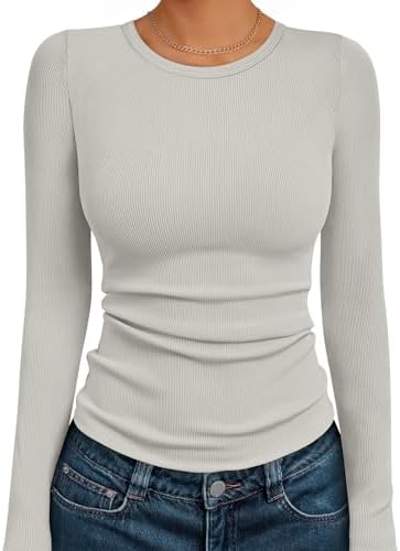 AUTOMET Women's Ribbed Long Sleeve Basic Top - Soft Stretch Crewn...