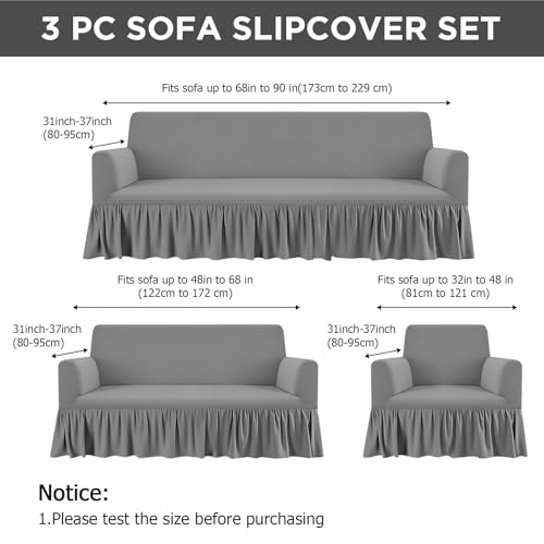 3 Pcs Sofa Slipcover Set for Couch Cushion Durable Washable High Elastic Stretchable Furniture Couch Covers with Skirt for Sofa Loveseat Arm Chair(Gray,Milk Silk) - Image 3