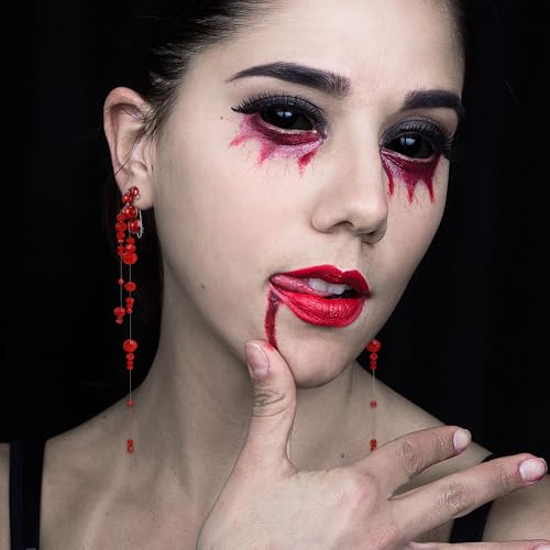 EVER FAITH Halloween Jewelry Dripping Blood Imitation Pearls Earrings for Women, Gothic Faux Pearl Costume Cosplay Accessories Dangle Long Earring for Vampire Party3