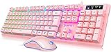 NPET S20 Wired Gaming Keyboard Mouse Combo, LED Backlit Quiet Ergonomic Mechanical Feeling Keyboard, Backlit Gaming Mouse 3200 DPI, for Desktop, Computer, PC, Pink