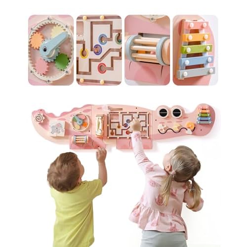 ROBOTIME Planche d&rsquo;activités en bois de crocodile – Centre d&rsquo;activités multi-interactif – Jouet éducatif Montessori avec labylohone à perles – Cadeau pour enfant – Rose