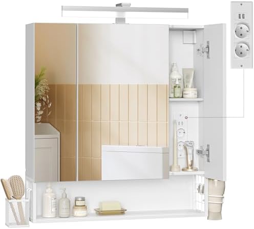 VASAGLE Spiegelschrank Bad mit Beleuchtung, Stecker, 3 Spiegeltüren | Wandschrank, Hängekorb, Haartrockner-Halter, 70 x 16,5 x 75 cm, Wolkenweiß, DACEY Kollektion BBK126W01