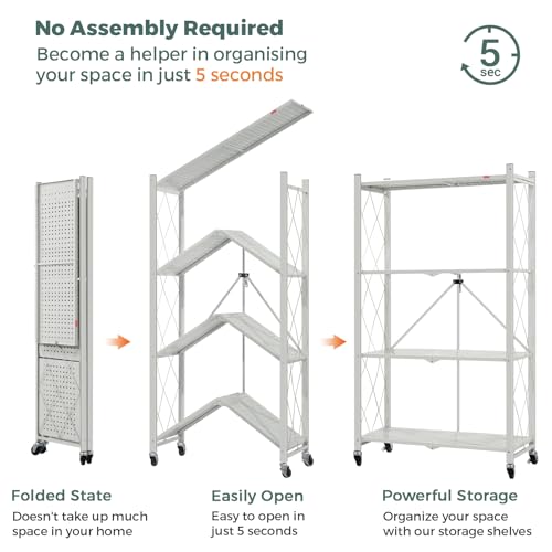 Image of DEANIC 4 Tier Foldable Storage Shelves with Wheels, Large Capacity Shelving Unit, Freestanding Metal Wire Shelf Rack, No Assembly Organizer Rack for Garage Kitchen, Basement, Pantry(Grey Pack of 2)