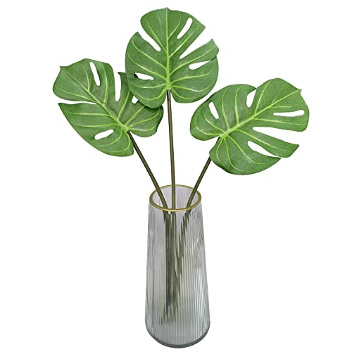 Ahvoler Artificial Palm Leaves Tropical Monstera Leaf Stem Plant for Room Decor Hawaiian Jungle Green Party Decorations, 3 pcs 24.5 