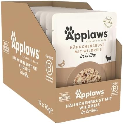 Applaws Natürliches Nassfutter für Katzen im Beutel, Hühnchen mit Wildreis in Brühe - 12 x 70g