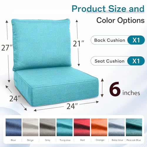 Image of Luxury 6 inch Thick Outdoor Cushion Set 12 - 24x24 Patio Furniture Cushions with 28D High-Density Foam, Water-Resistant & Fade-Resistant Fabric, Removable Covers for Patio Furniture Sofa Couch -Turquoise