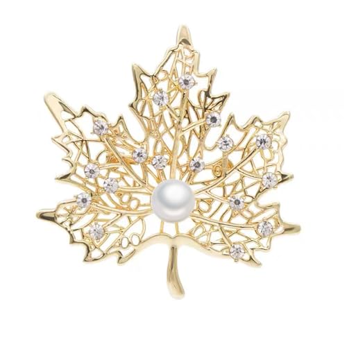 Image of Fashion Maple Leaves Crystal Brooch for Women Men Pearl Gold-Tone Plated Leaf Flower Brooches Rhinestone Lapel Pin Brooch Court Wedding Party Autumn Fall Thanksgiving Accessories Jewelry Gifts Decoration
