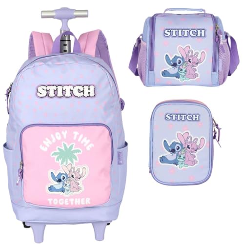 Mochila Stitch com Rodinhas Lancheira Térmica E Estojo MC50092SC Roxo