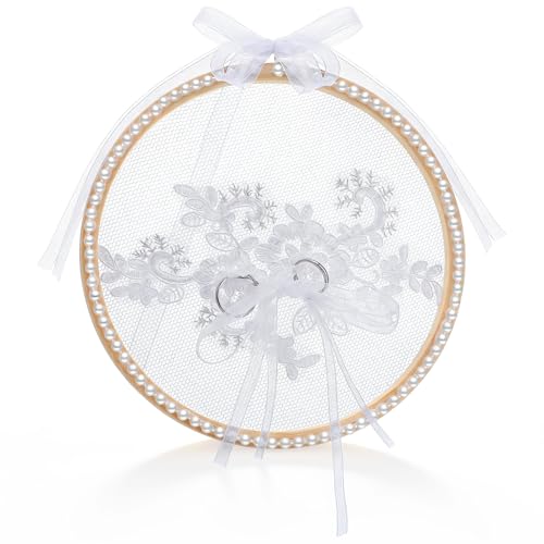 Ovveroche Lace Ring Pillow with Bow and Pearl Accents, Wedding Ceremony Ring Bearer Cushion On Wooden Hoop for Bridal Engagement Decor