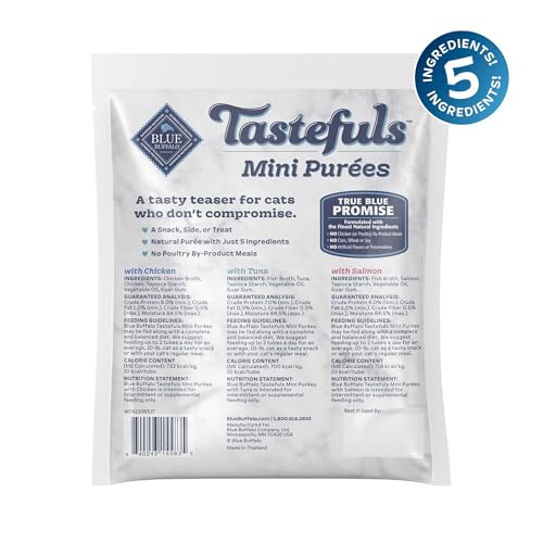 Blue Buffalo Tastefuls Mini Purées, Adult Cat Natural Single-Serving Snack, 24-Count Variety Pack Chicken, Tuna, and Salmon 0.5 oz. (Pack of 1)