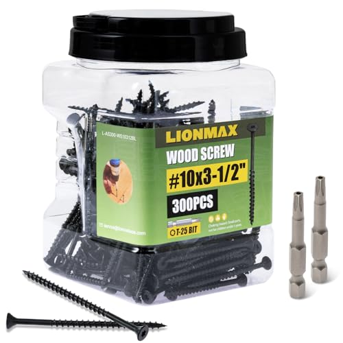 Image of LIONMAX Deck Screws 3-1 /2 Inch, Wood Screws #10 x 3-1 /2 inch, 300 PCS, Rust Resistant, Exterior Epoxy Coated, Outdoor Decking Screws, Torx /Star Drive Head Screw, T25 Star Bit Included, Black
