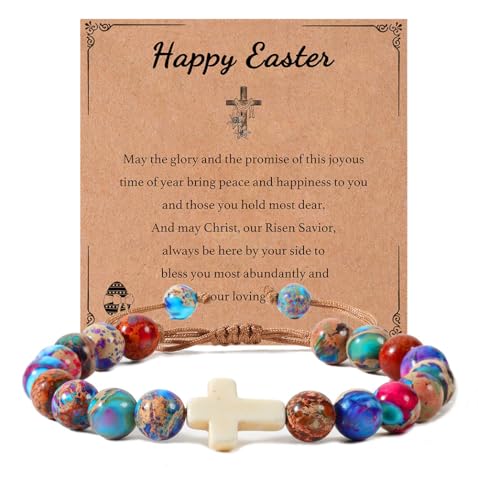 Image of enasal Easter Basket Stuffers for Teens Girls, Nature Stone Easter Gifts Cross Bracelet, Christian Gifts Inspirational Jewelry