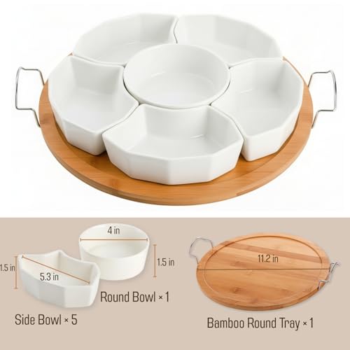 ZENFUN Chip and Dip Serving Set, 11'' Divided Serving Platters Tray for Party, 6-Compartment Removable Appetizer Snack Dishes, Round Sectional Serving Platter for Fruits, Condiment