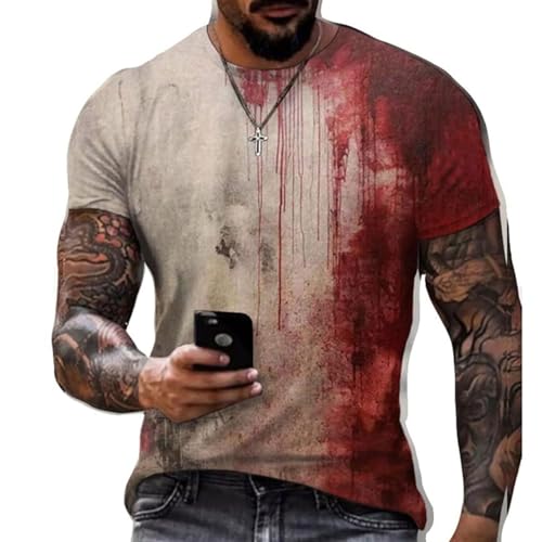 AYNKH Horror Bloody Halloween T-Shirt Short Sleeved Round Neck T-Shirt Blood Splatter Pattern Top Shirt Horror Bloody Printed Short Sleeved Shirt (UK Alpha L Regular Regular Standard Brown)