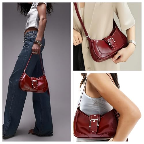 Image of Ayliss Shoulder Bag for Women Red Purse Y2k Top Handle Bag Burgundy Purse Vegan Leather Tote Handbag Clutch Hobo Studded | Purse