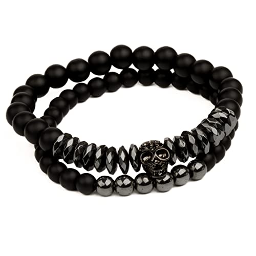 Image of THE MEN THING LAVA EMBRACE SKUL DUO- Black Silver tone - Beads Bracelet with Natural Volcanic Stone - 7inch Stretch Bracelet