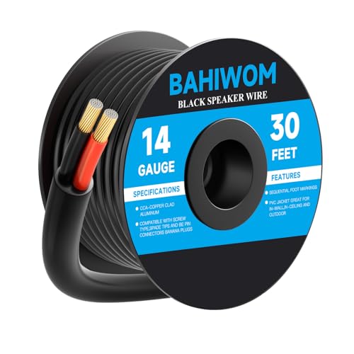 BAHIWOM 14 Gauge Speaker Wire 30 Feet CL3 Related CCA Black Cable with 2 Conductors for Outdoor Direct Burial Backyard Garden Home Car in-Wall Speaker
