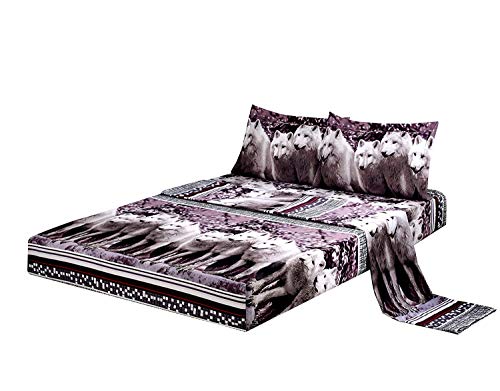 HUAJIE 4 Piece Set Luxury 3D Print Vivid Animals Pattern Deep Pocket Bed Sheet Set (1 Flat Sheet,1 Fitted Sheet,2 Pillow Case/Pillow Sham)(King, Mountain Wolf)