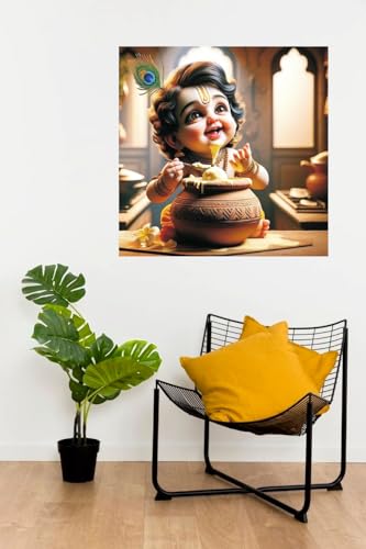 Image of Techgifti Baby Smiley Krishna Makhan Matki Wall Poster for Pooja Room, Office, Kids Room (Size- 46CM X 46CM)