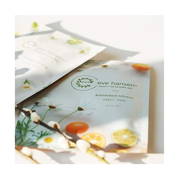 Eve Hansen Collagen Face Mask Sheets Set of 5 â Hydrating & Nourishing Care for All Skin Types â With Hyaluronic Acid, Tangerine Peel, Blueberry Extract & Spinach Leaf (5 pack, Stress Free Skin)