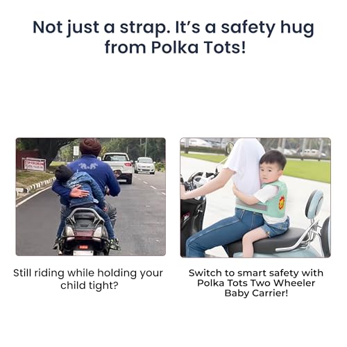 Image of POLKA TOTS Ergonomic Two Wheeler Safety Belt for Kids with 3-Point Safety Buckle, Anti-Fall Motorcycle Safety Harness with Reflectors for Night Riding, Breathable Cotton Material, Extra Cushioning & Adjustable Shoulder & Waist Straps
