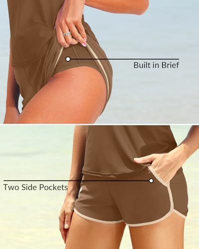 Image of Talisea Women 2 Piece Tankini Swimsuit with Pockets Boy Shorts Modest Bathing Suit Tummy Control Tank Top