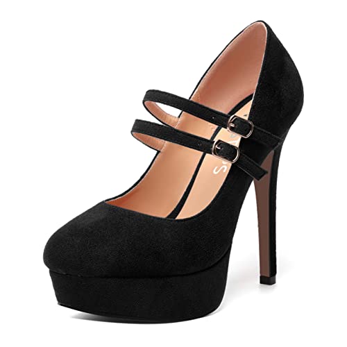 MOVINSTEPS Womens Buckle Suede Round Toe Sexy Solid Platform Adjustable Dual Strap Night Club Mary Jane Stiletto High Heel Pumps Shoes 5 Inch