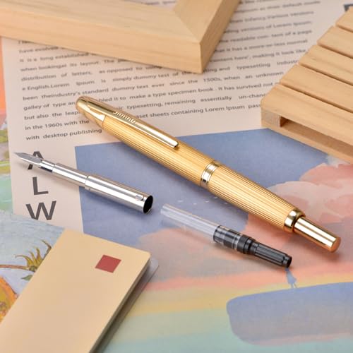 Image of Jinhao 10 Press Fountain Pen with Box, Brushed Matte Gold Retractable Extra Fine Nib with Ink Converter Set (Golden Clip)