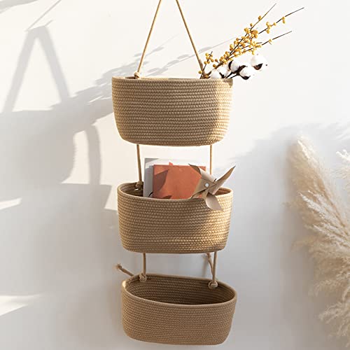 maxant 3-Tier Over the Door Hanging Basket, Wall Mount Storage Organiser Bag, Cotton Rope Woven Solution with Hook, Decorative Baskets for Bedroom, Living Room, Bathroom, Nursery (B), (UD0335) - Image 8