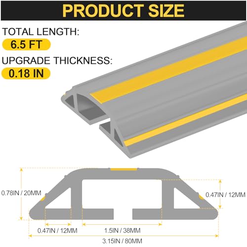 Image of MYFAMIREA 6.5FT Floor Cord Cover Heavy Duty Cable Cover Protector 3 Channels Extension PVC Floor Wire Cover Outdoor Cord Hider Management Cord Cover for Wire on Floor for Home Office Outdoor, Grey